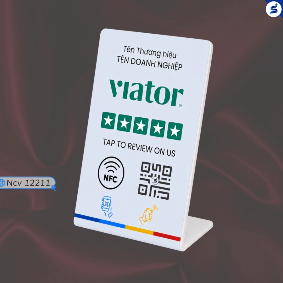 Bảng Review Viator mẫu A nền trắng tích hợp NFC và QR Code