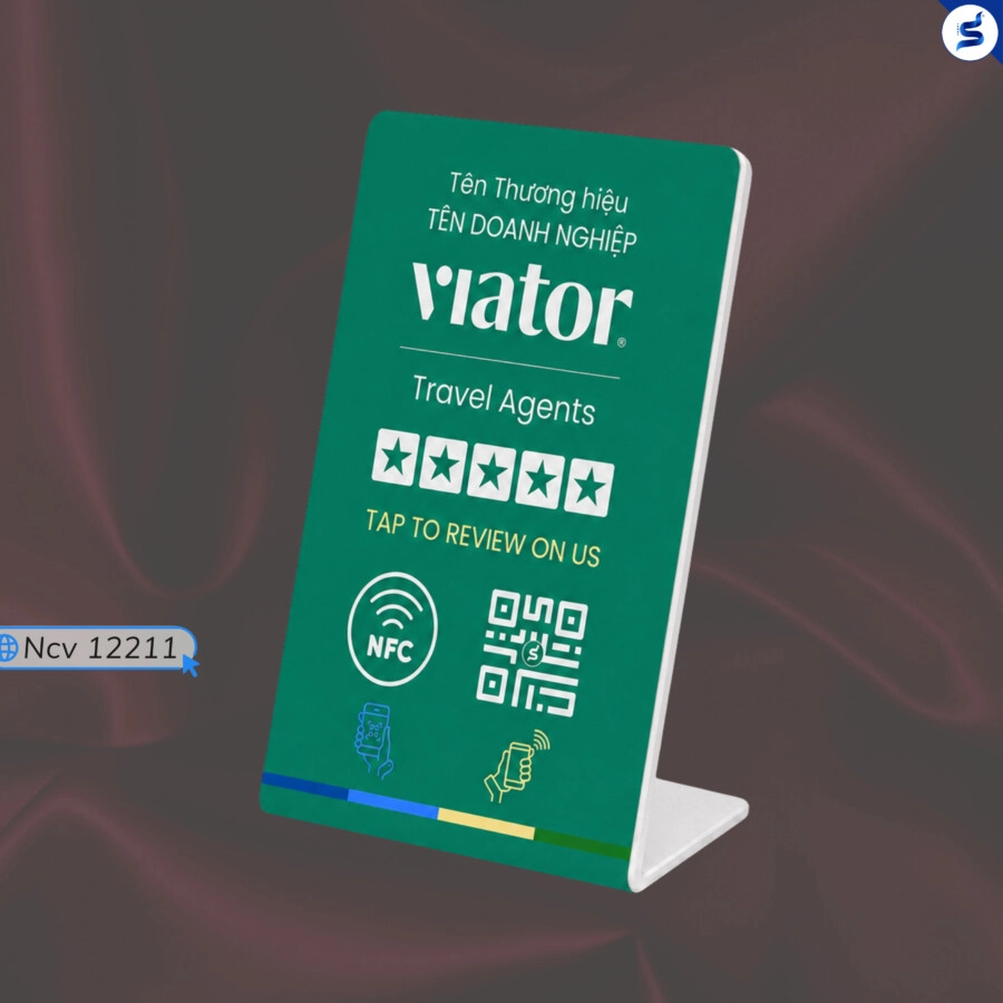 Bảng Review Viator mẫu B nền xanh tích hợp NFC và QR Code